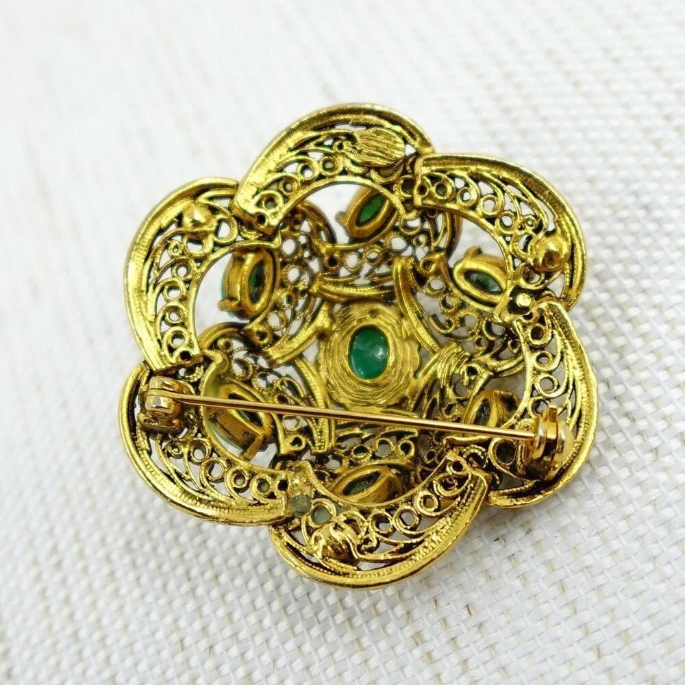 Vintage Gold Tone Dome Brooch Filigree Tiered Green Faux Pearl Victorian Revival